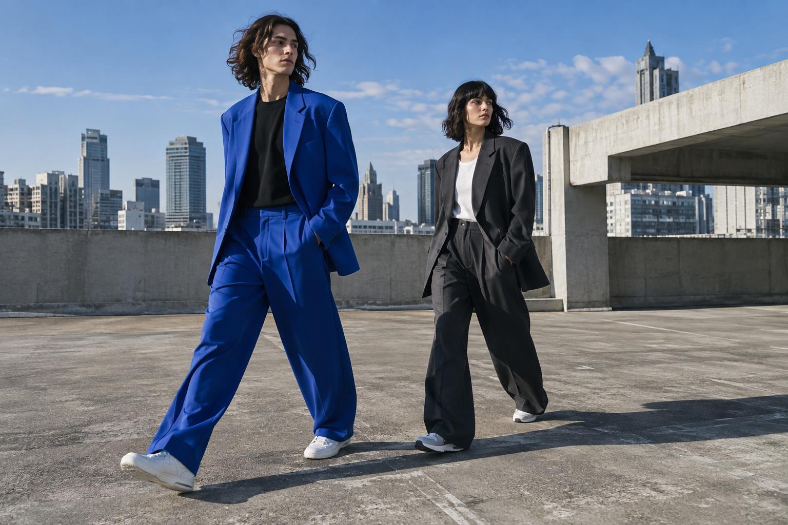 コンクリートの屋上を歩く、ブルーとチャコールの服を着た二人